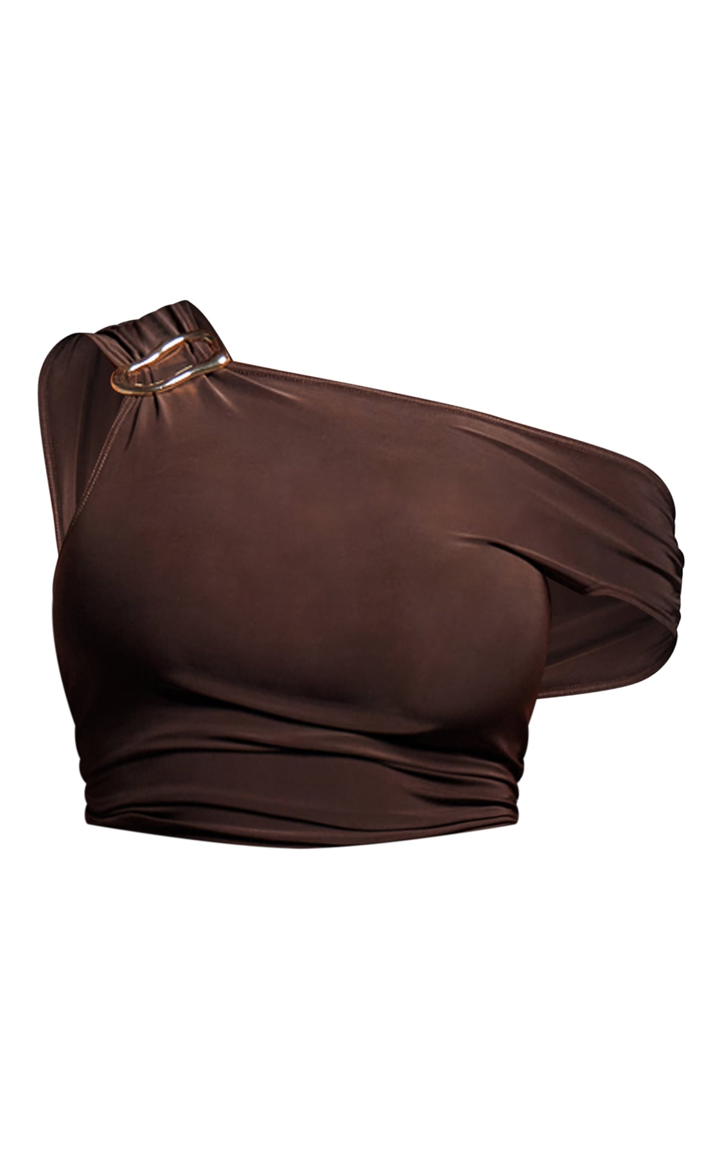 Chocolate Slinky Ruched Off The Shoulder Metal Trim Top