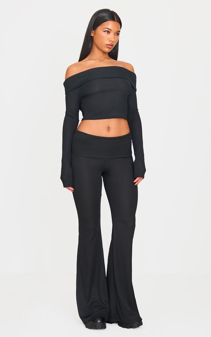 Black Rib Bardot Longline Foldover  Top