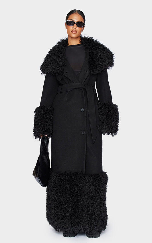 Tall Black Faux Fur Trim Contrast Wool Look Coat