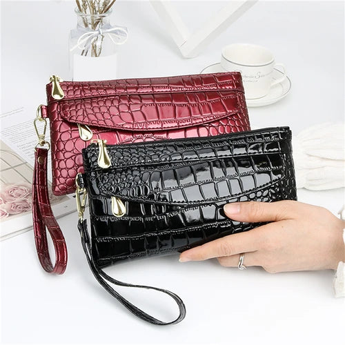 Women Patent Leather Wallets Fallow Long Ladies Double Zipper Wallet Clutch Bag Design Red Purse Crocodile Purses 2023