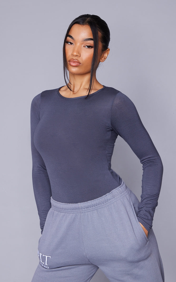 Basic Stone Crew Neck Long Sleeve Bodysuit