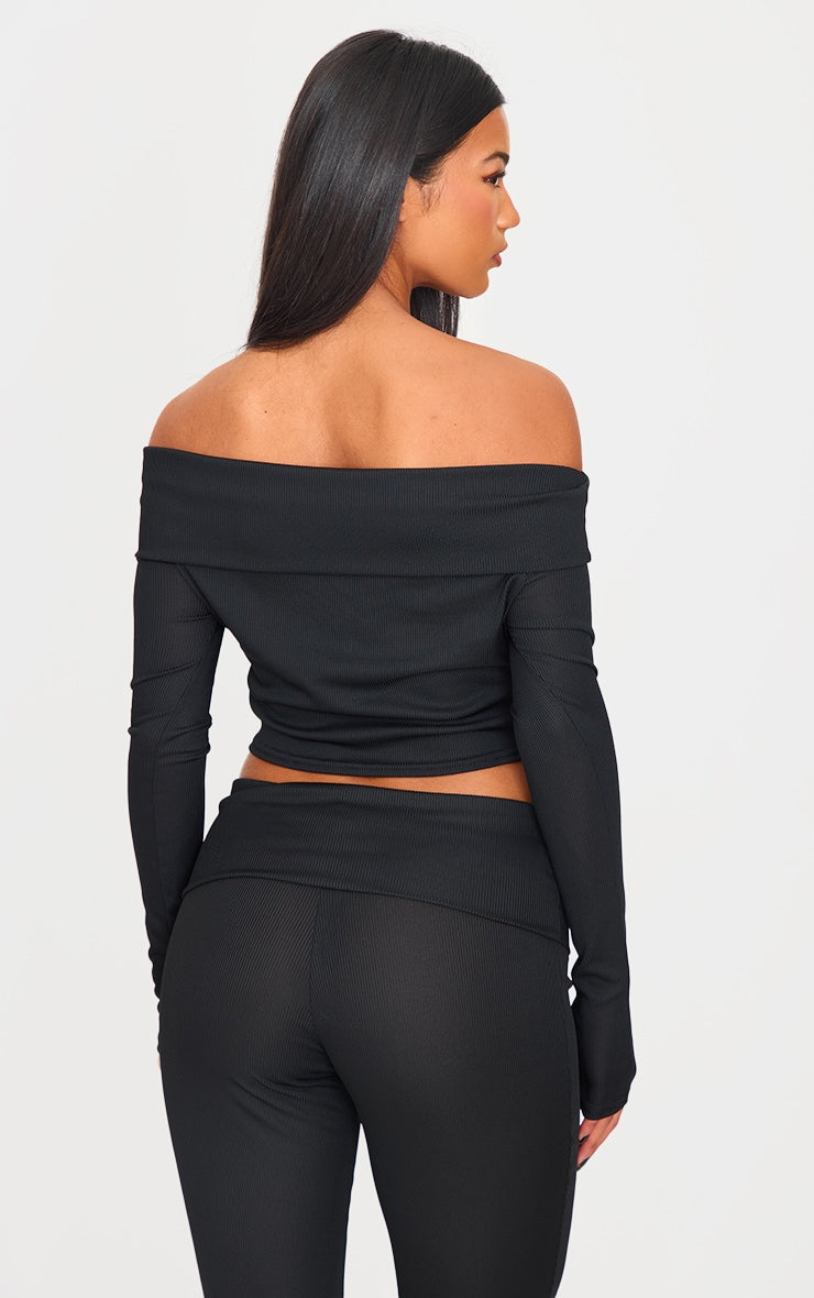 Black Rib Bardot Longline Foldover  Top