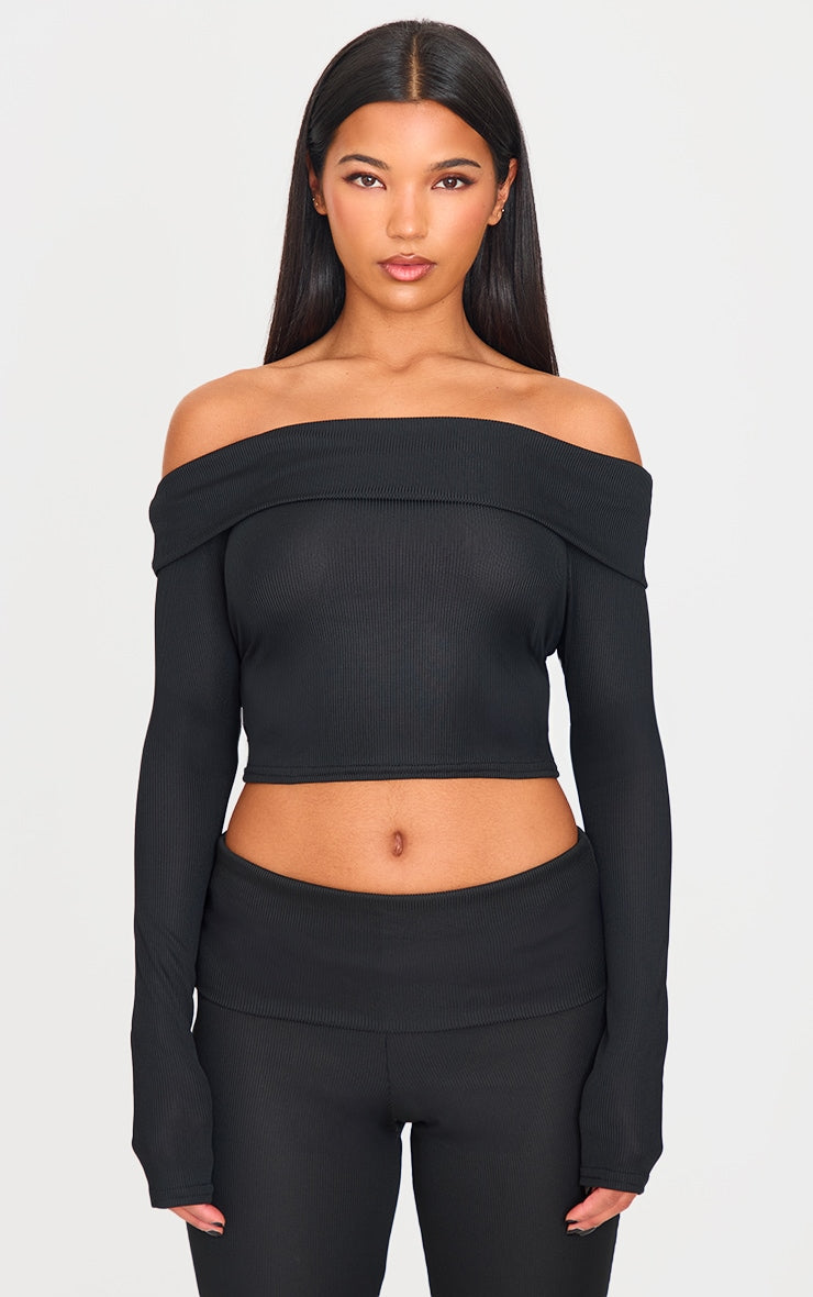 Black Rib Bardot Longline Foldover  Top